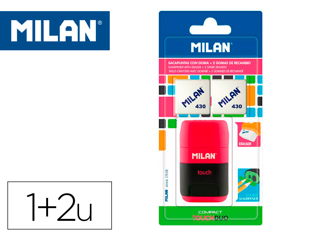 SACAPUNTAS MILAN COMPACT TOUCH DUO PLASTICO 2 USOS CON GOMA + 2 RECAMBIOS DE GOMA EN BLISTER