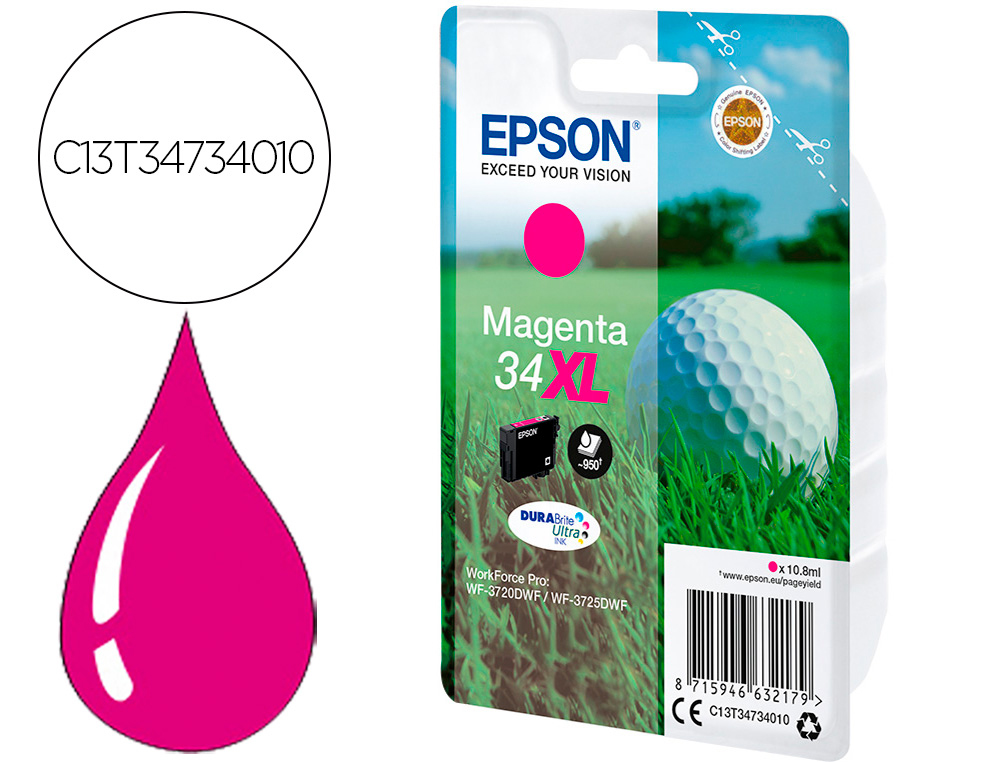 INK-JET EPSON WORK FORCE PRO WF-3720DWF/3725DWF MAGENTA 34XL DURABRITE ULTRA INK 950 PAGINAS