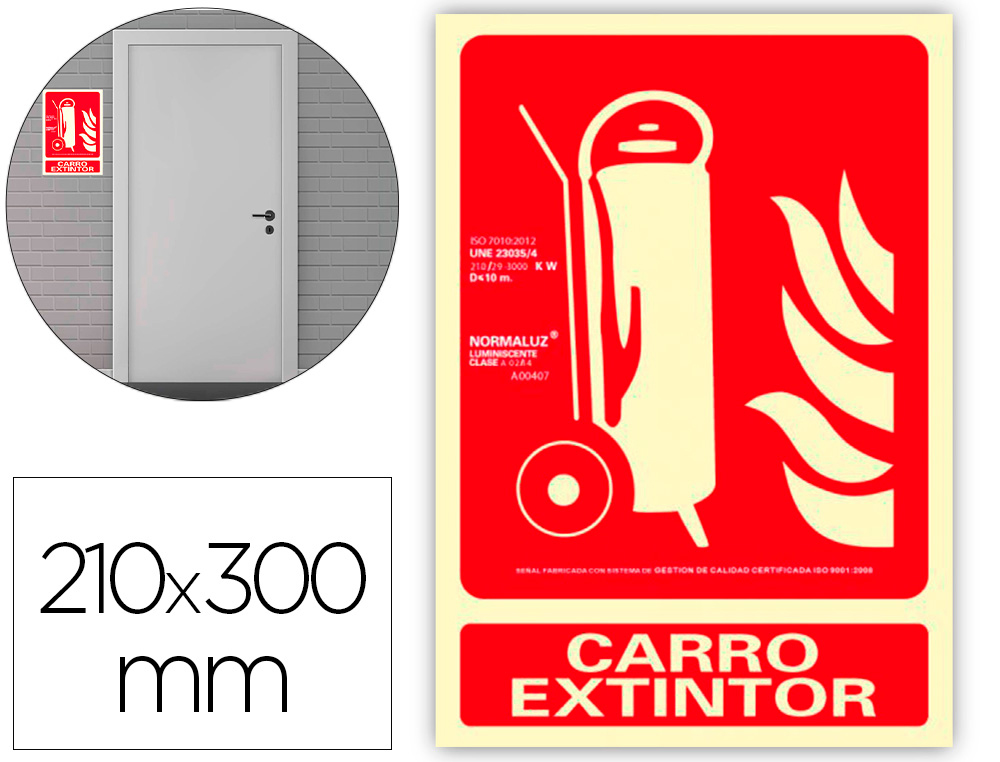 PICTOGRAMA ARCHIVO 2000 CARRO EXTINTOR PVC ROJO LUMINISCENTE 210X300 MM