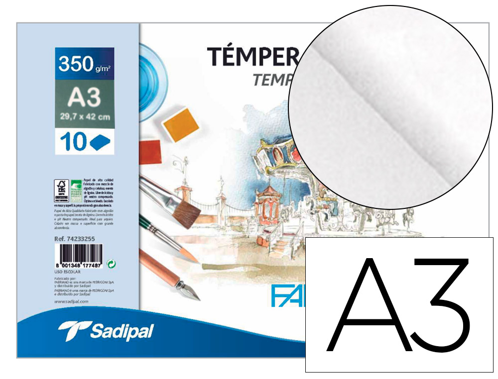 BLOC DIBUJO ACUARELA SADIPAL FABRIANO ESPIRAL DIN A3 10 HOJAS 350 G/M2 GRANO SUAVE