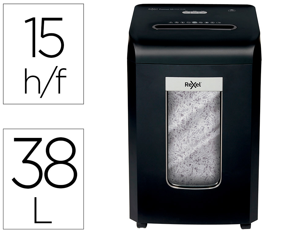 DESTRUCTORA DE DOCUMENTOS REXEL PROMAX QS RSX1538 CAPACIDAD 15 HOJAS PARTICULAS DESTRUYE GRAPAS CLIPS Y