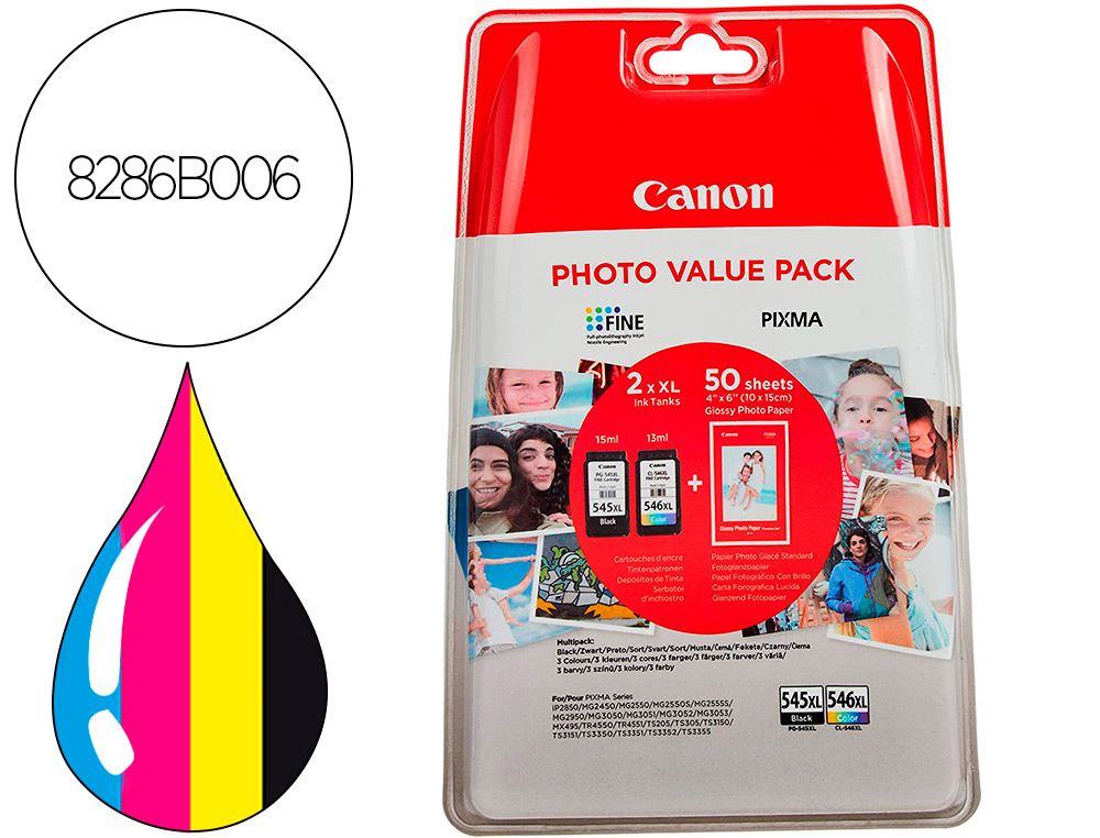 INK-JET CANON PHOTO VALUE PIXMA MG2450/2550 MULTIPACK NEGRO/COLOR PG545XL+ CL546XL +50 HOJAS PAPEL FOTO 10X15 CM