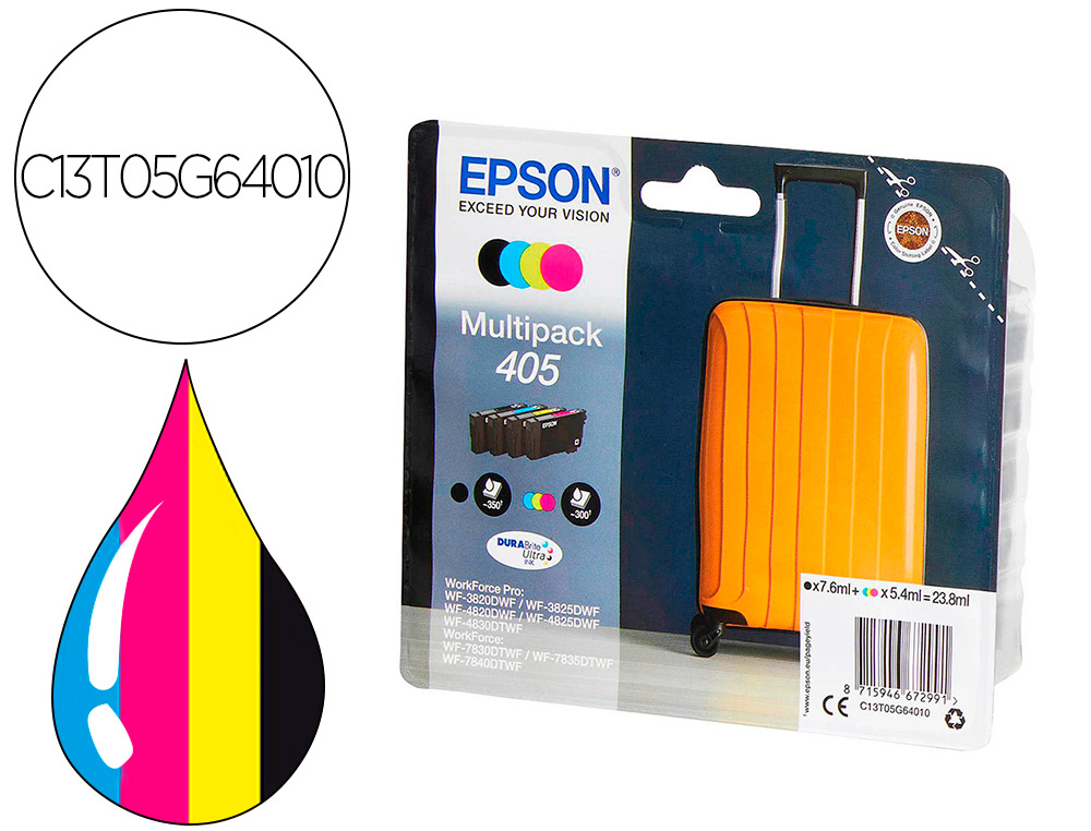 INK-JET EPSON 405 WF-3820DWF / WF-4820DWF / WF-7830DTWF / WF-7840DTWF ALTA CAPACIDAD PACK DE 4 COLORES