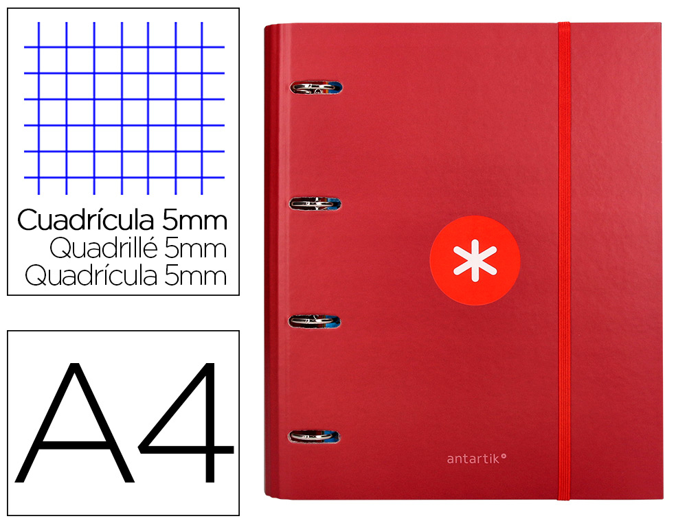 CARPETA CON RECAMBIO ANTARTIK A4 CUADRO 5MM FORRADA 4 ANILLAS 40MM REDONDAS CON SOLAPA COLOR FRAMBUESA