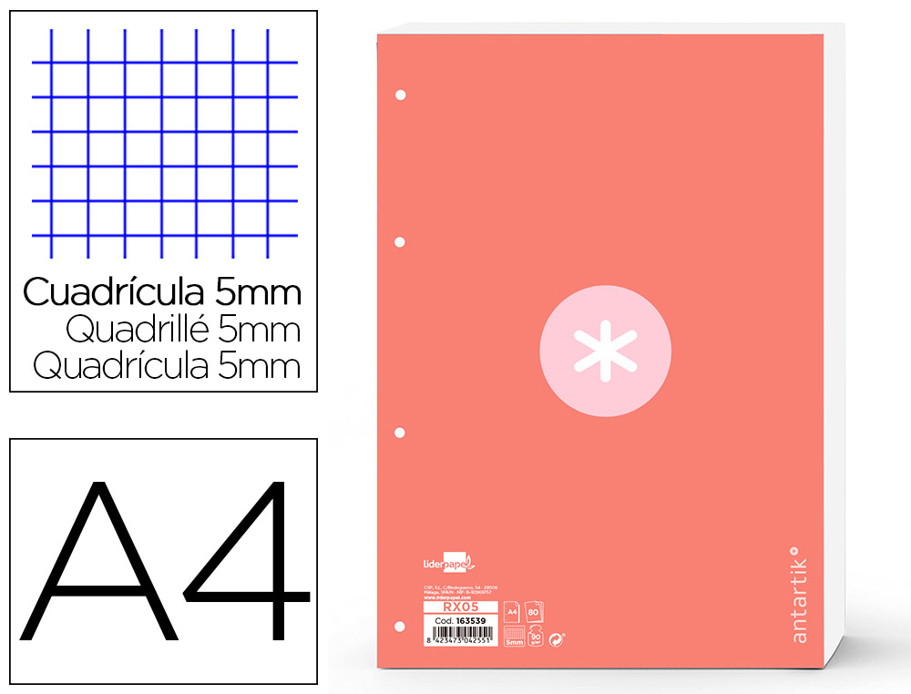 RECAMBIO LIDERPAPEL A4 ANTARTIK 80 HOJAS 90G/M2 CUADRO 5 MM 4 TALADROS 1 BANDA MARCO COLOR ROSA