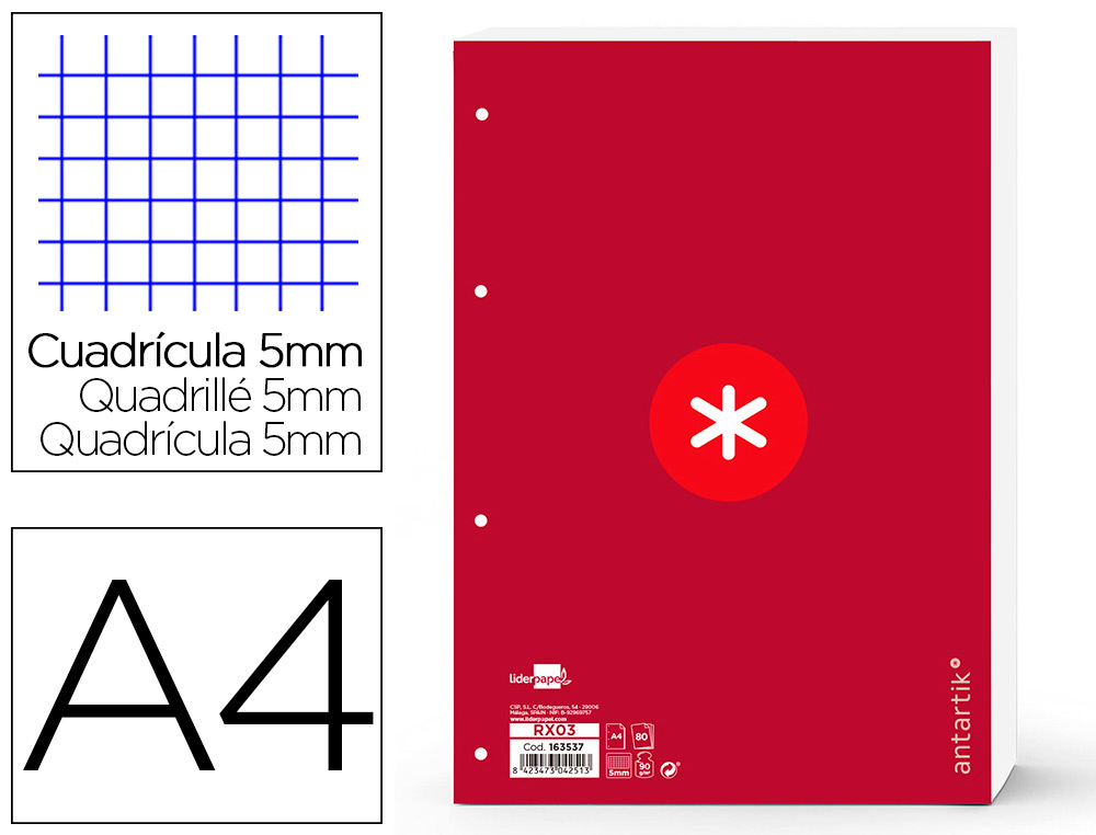 RECAMBIO LIDERPAPEL A4 ANTARTIK 80 HOJAS 90G/M2 CUADRO 5 MM 4 TALADROS 1 BANDA MARCO COLOR FRAMBUESA