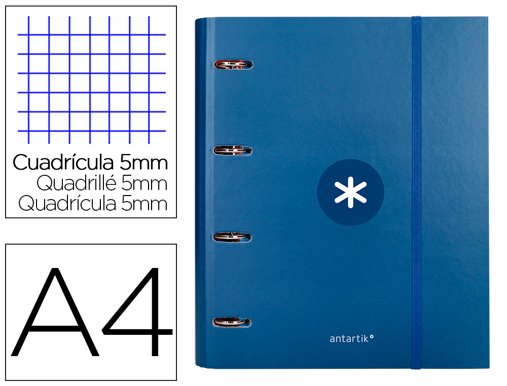 CARPETA CON RECAMBIO ANTARTIK A4 CUADRO 5MM FORRADA 4 ANILLAS 40MM REDONDAS CON SOLAPA COLOR AZUL MARINO