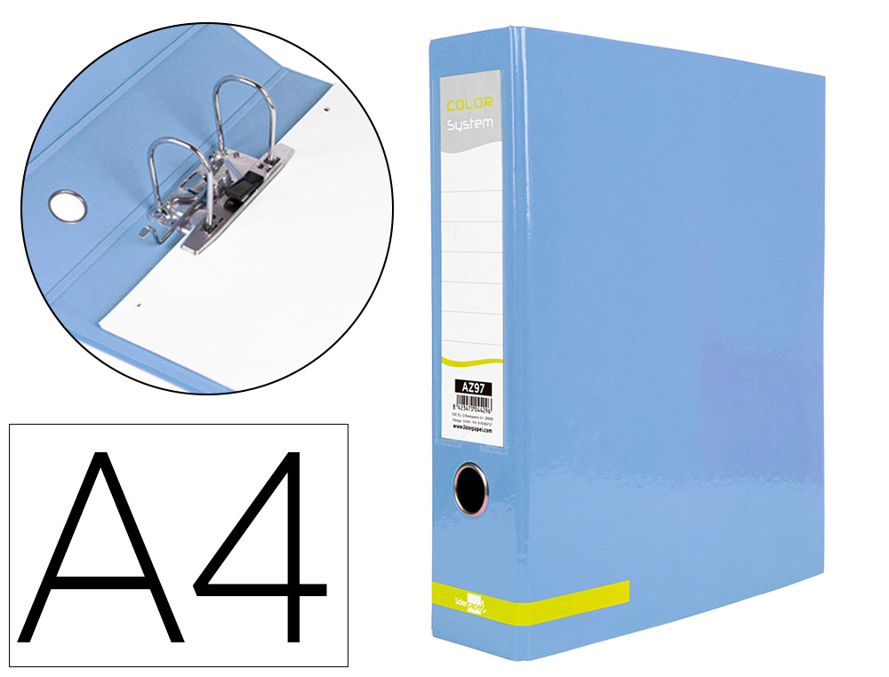 ARCHIVADOR DE PALANCA LIDERPAPEL A4 COLOR SYSTEM FORRADO SIN RADO LOMO 80 MM CELESTE COMPRESOR METALICO