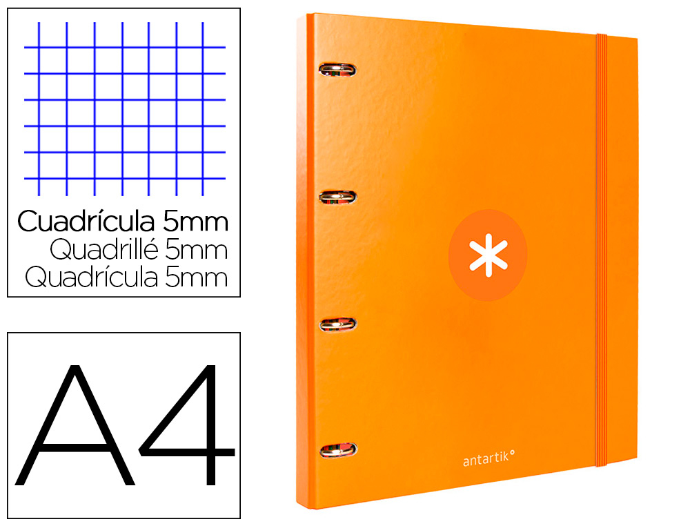 CARPETA CON RECAMBIO ANTARTIK A4 CUADRO 5MM FORRADA 4 ANILLAS 25MM REDONDAS COLOR MOSTAZA