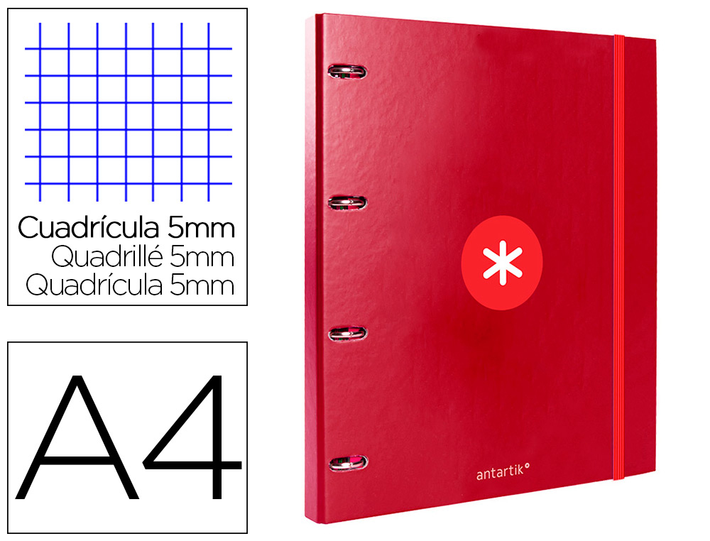 CARPETA CON RECAMBIO ANTARTIK A4 CUADRO 5MM FORRADA 4 ANILLAS 25MM REDONDAS COLOR FRAMBUESA