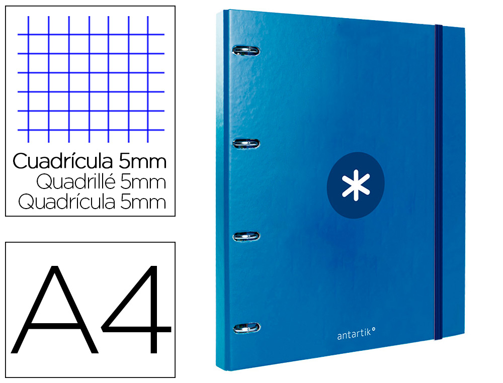 CARPETA CON RECAMBIO ANTARTIK A4 CUADRO 5MM FORRADA 4 ANILLAS 25MM REDONDAS COLOR AZUL MARINO