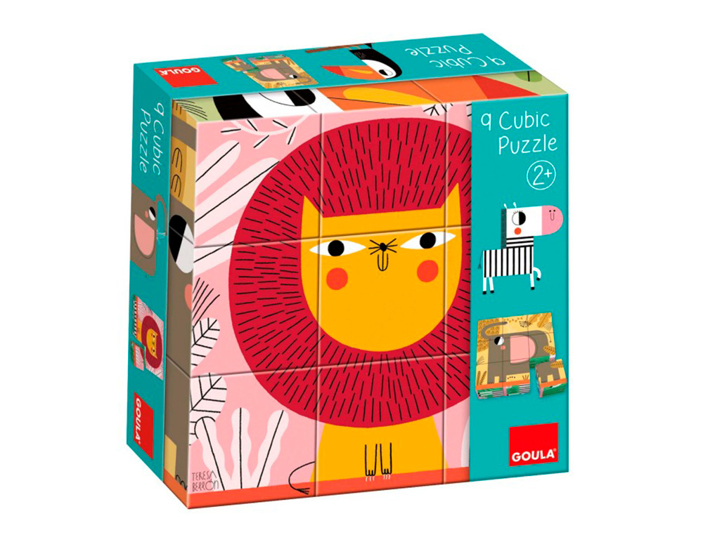 PUZLE GOULA CUBOS DE CARTON ANIMALES SELVA 6 ESCENAS DIFERENTES 9 PIEZAS