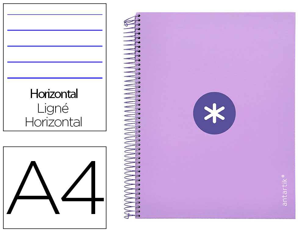 CUADERNO ESPIRAL A4 MICRO ANTARTIK TAPA FORRADA 120H 90 GR HORIZONTAL 5 BANDAS 4 TALADROS COLOR LAVANDA