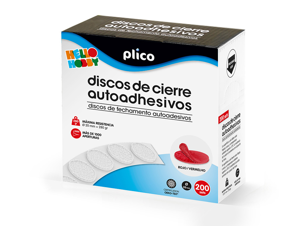 DISCO DE CIERRE PLICO VELCRO AUTOADHESIVO 20 MM DIAMETRO COLOR ROJO CAJA DE 200 UNIDADES