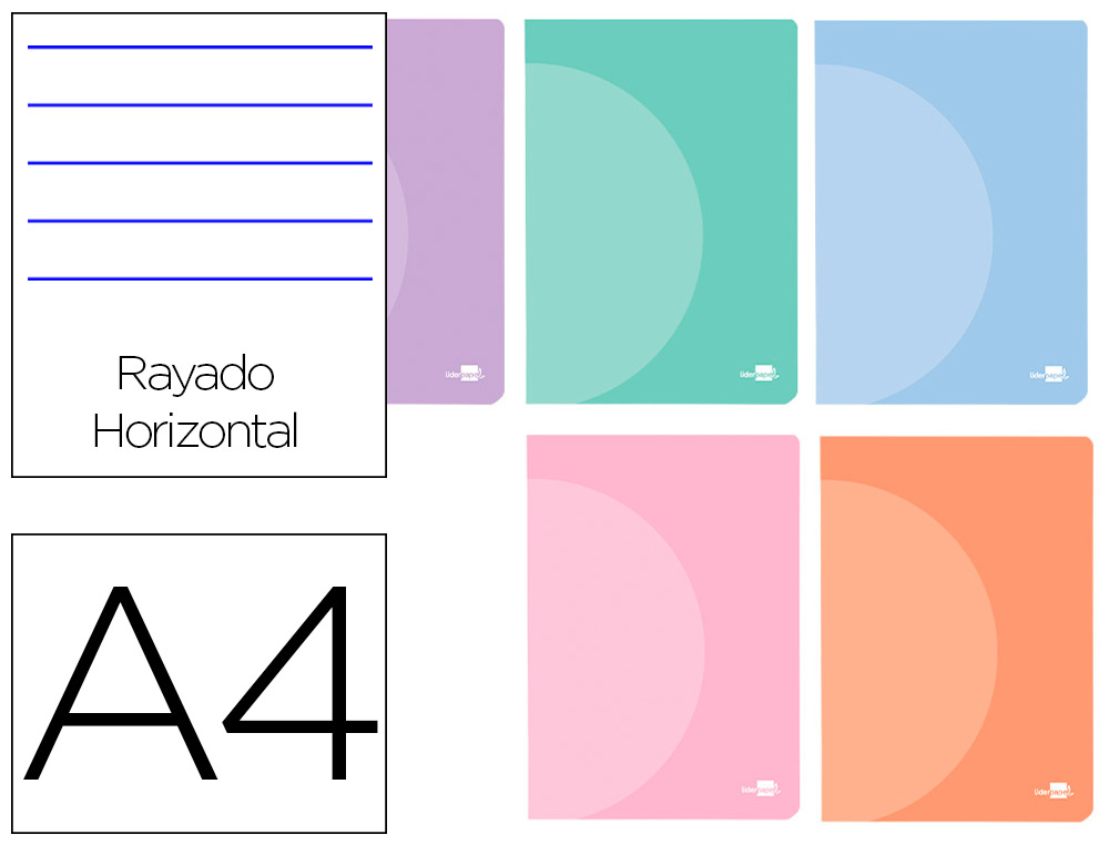 LIBRETA LIDERPAPEL 360 TAPA DE PLASTICO A4 48 HOJAS 90G/M2 HORIZONTAL CON DOBLE MARGEN COLORES PASTEL