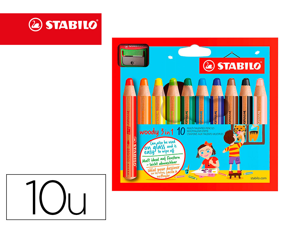 LAPICES DE COLORES STABILO WOODY 3 EN 1 MINA XXL ESTUCHE DE 10 COLORES SURTIDOS + SACAPUNTAS