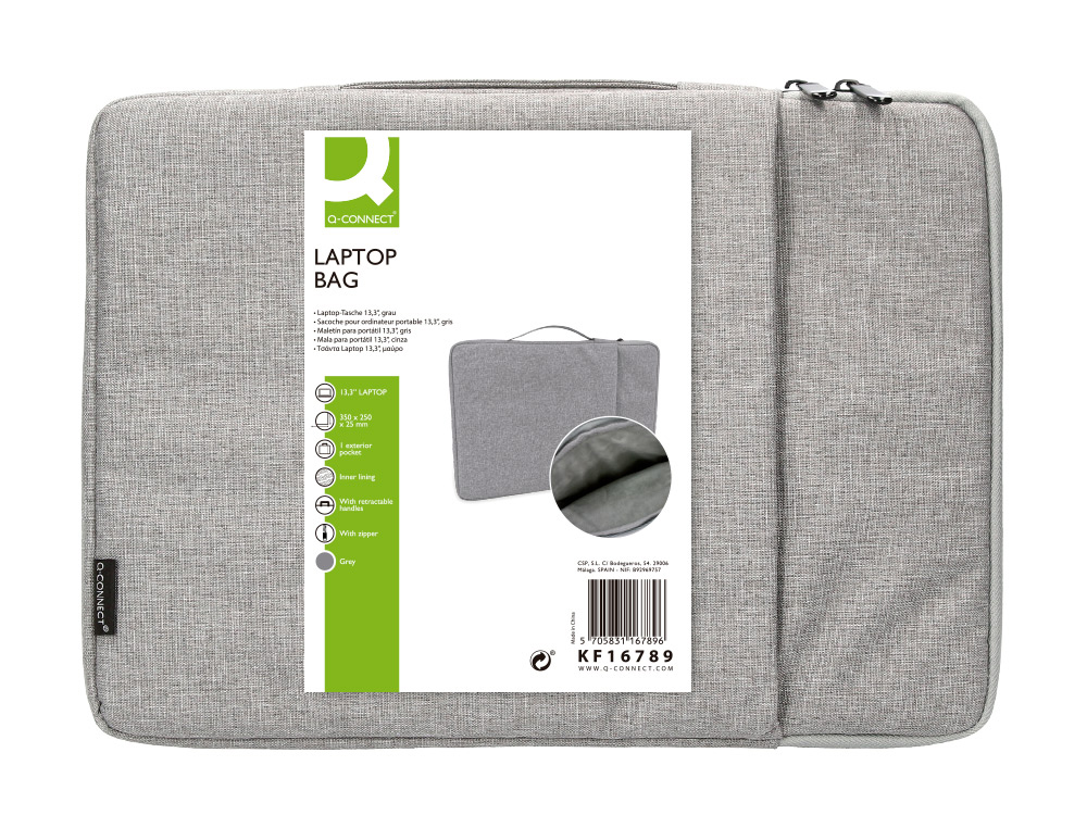 FUNDA PARA PORTATIL Q-CONNECT 13,3\" CON ASA 1 BOLSILLO EXTERIOR CON CREMALLERA COLOR GRIS 350X250X25 MM