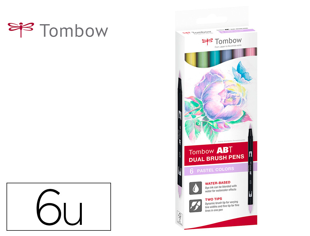 ROTULADOR TOMBOW ACUARELABLE DOBLE PUNTA FINA/PINCEL COLORES PASTEL CAJA DE 6 UNIDADES COLORES SURTIDOS