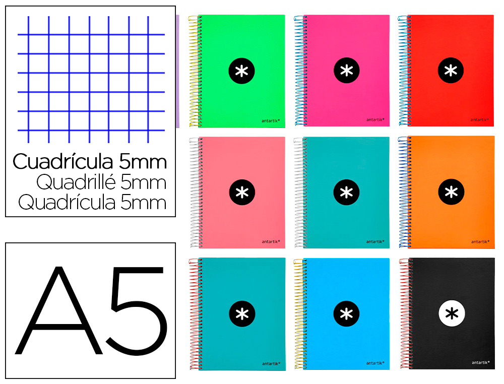 CUADERNO ESPIRAL A5 MICRO ANTARTIK TAPA FORRADA120H 90GR CUADRO 5MM 5 BANDAS 6 TALADROS COLORES SURTIDOS
