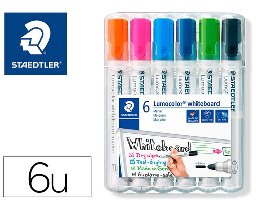 [351 WP6-1] ROTULADOR STAEDTLER LUMOCOLOR 351 PARA PIZARRA BLANCA PUNTA REDONDA 2 MM RECARGABLE ESTUCHE 6 UNIDADES COLORES
