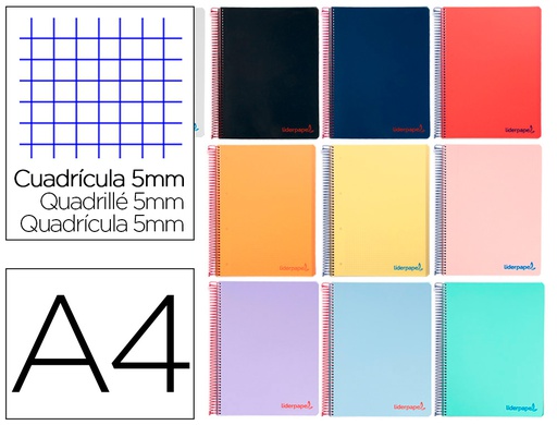[TH68] CUADERNO ESPIRAL LIDERPAPEL A4 WONDER TAPA PLASTICO 80H 90GR CUADRO 5MM CON MARGEN COLORES SURTIDOS