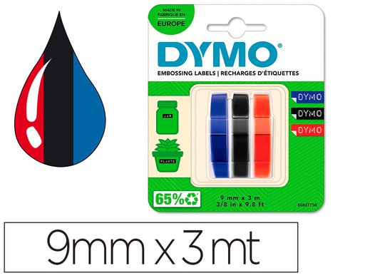 [S0847750] CINTA DYMO 3D 9MM X 3MT PARA ROTULADORA OMEGA/JUNIOR COLOR AZUL/NEGRO/ROJO BLISTER 3 UNIDADES
