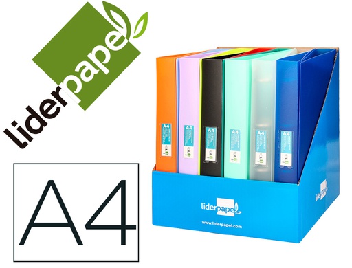 [CH85] CARPETA LIDERPAPEL 4 ANILLAS 25MM MIXTAS POLIPROPILENO DIN A4 COLORES SURTIDOS EXPOSITOR DE 12 UNIDADES