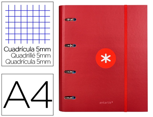 [AW90] CARPETA CON RECAMBIO ANTARTIK A4 CUADRO 5MM FORRADA 4 ANILLAS 40MM REDONDAS CON SOLAPA COLOR FRAMBUESA