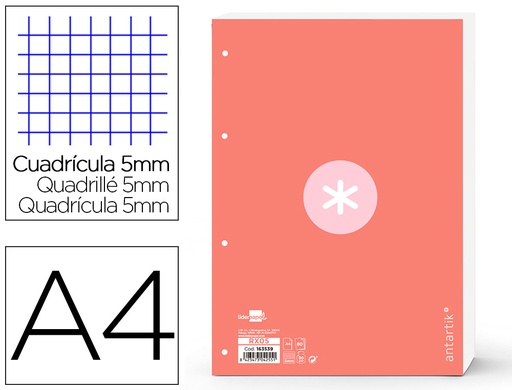 [RX05] RECAMBIO LIDERPAPEL A4 ANTARTIK 80 HOJAS 90G/M2 CUADRO 5 MM 4 TALADROS 1 BANDA MARCO COLOR ROSA