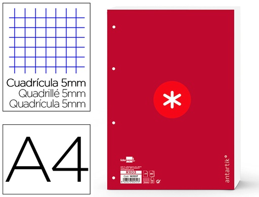 [RX03] RECAMBIO LIDERPAPEL A4 ANTARTIK 80 HOJAS 90G/M2 CUADRO 5 MM 4 TALADROS 1 BANDA MARCO COLOR FRAMBUESA