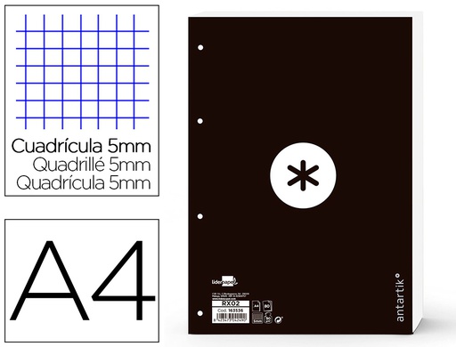 [RX02] RECAMBIO LIDERPAPEL A4 ANTARTIK 80 HOJAS 90G/M2 CUADRO 5 MM 4 TALADROS 1 BANDA MARCO COLOR NEGRO