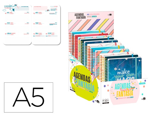 [LP372] AGENDA ESCOLAR LIDERPAPEL CURSO 22-23 FANTASIA DIN A5 SEMANA VISTA BILINGUE ESPIRAL EXPOSITOR DE 12 AGENDAS