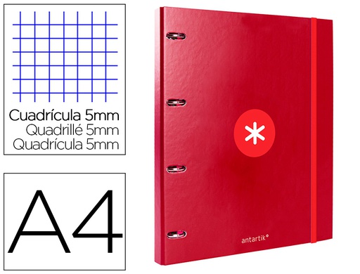 [AW96] CARPETA CON RECAMBIO ANTARTIK A4 CUADRO 5MM FORRADA 4 ANILLAS 25MM REDONDAS COLOR FRAMBUESA