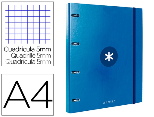 [AW95] CARPETA CON RECAMBIO ANTARTIK A4 CUADRO 5MM FORRADA 4 ANILLAS 25MM REDONDAS COLOR AZUL MARINO