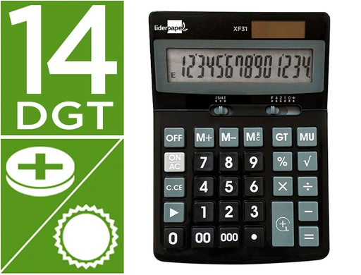 [XF31] CALCULADORA LIDERPAPEL SOBREMESA XF31 14 DIGITOS SOLAR Y PILAS COLOR NEGRO 170X122X35 MM