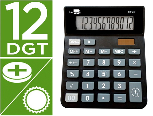 [XF26] CALCULADORA LIDERPAPEL SOBREMESA XF26 12 DIGITOS SOLAR Y PILAS COLOR NEGRO 127X105X24 MM