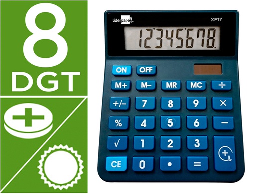 [XF17] CALCULADORA LIDERPAPEL SOBREMESA XF17 8 DIGITOS SOLAR Y PILAS COLOR AZUL 127X105X24 MM
