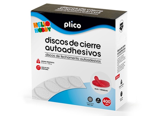 [13336] DISCO DE CIERRE PLICO VELCRO AUTOADHESIVO 20 MM DIAMETRO COLOR ROJO CAJA DE 400 UNIDADES