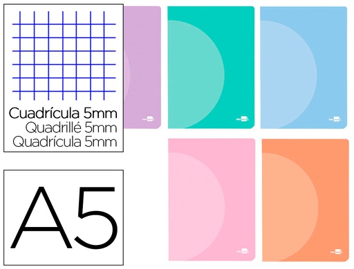 [LF30] LIBRETA LIDERPAPEL 360 TAPA DE PLASTICO A5 48 HOJAS 90G/M2 CUADRO 5 MM CON DOBLE MARGEN COLORES PASTEL