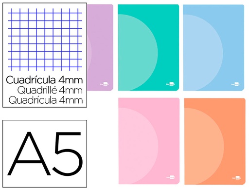 [LF27] LIBRETA LIDERPAPEL 360 TAPA DE PLASTICO A5 48 HOJAS 90G/M2 CUADRO 4 MM CON MARGEN COLORES PASTEL SURTIDOS