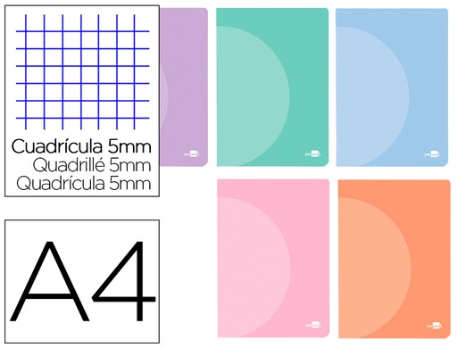 [LF26] LIBRETA LIDERPAPEL 360 TAPA DE PLASTICO A4 48 HOJAS 90G/M2 CUADRO 5 MM CON DOBLE MARGEN COLORES PASTEL