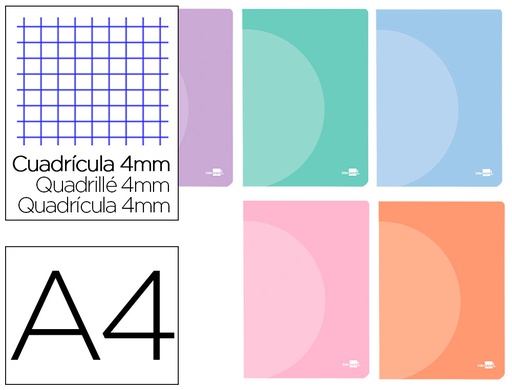 [LF23] LIBRETA LIDERPAPEL 360 TAPA DE PLASTICO A4 48 HOJAS 90G/M2 CUADRO 4 MM CON MARGEN COLORES PASTEL SURTIDOS