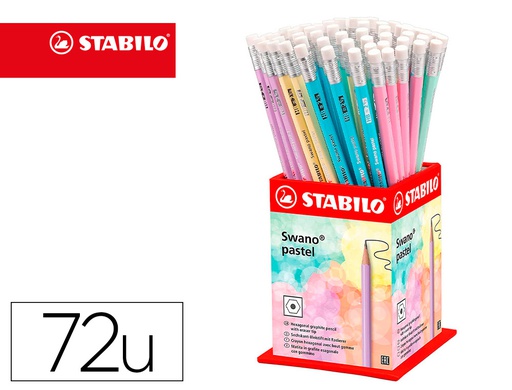[4908/72-HB] LAPICES DE GRAFITO CON GOMA STABILO SWANO MINA 2,2 MM DUREZA HB EXPOSITOR DE 72 UNIDADES COLORES PASTELES