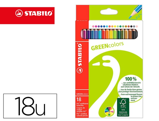 [6019/2-181] LAPICES DE COLORES STABILO GREEN COLORS CON CERTIFICADO FSC ESTUCHE CARTON DE 18 UNIDADES COLORES SURTIDOS