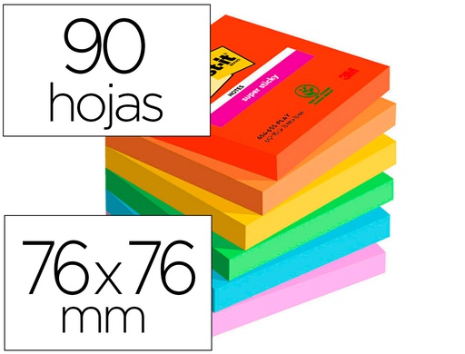 [7100258795] BLOC DE NOTAS ADHESIVAS QUITA Y PON POST-IT SUPER STICKY PLAYFUL 76X76 MM 90 HOJAS 100% PEFC PACK DE 6 UNIDADES