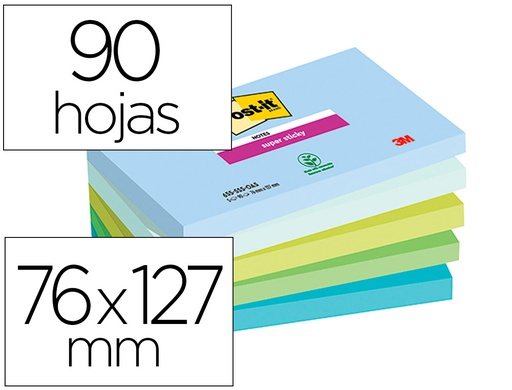 [7100258790] BLOC DE NOTAS ADHESIVAS QUITA Y PON POST-IT SUPER STICKY OASIS 76X127 MM 90 HOJAS 100% PEFC PACK DE 5 UNIDADES