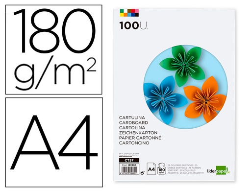 [CT57] CARTULINA LIDERPAPEL A4 180G/M2 25 COLORES SURTIDOS PAQUETE DE 100 HOJAS