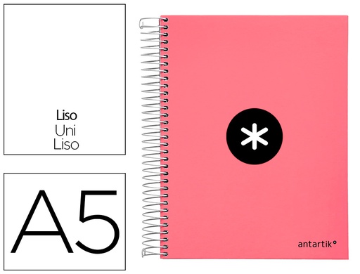 [KH16] CUADERNO ESPIRAL A5 MICRO ANTARTIK TAPA FORRADA120H 90 GR LISO 5 BANDAS 6 TALADROS COLOR CORAL