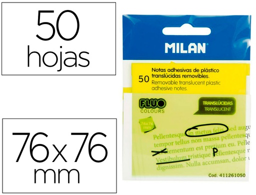 [411261050] BLOC DE NOTAS ADHESIVAS QUITA Y PON MILAN 76X76 MM REMOVIBLE PLASTICO TRANSLUCIDO AMARILLO FLUOR 50