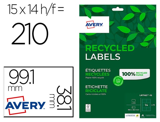 [LR7163-15] ETIQUETA ADHESIVA AVERY BLANCA PERMANENTE RECICLADA 100% LASER 99,1X38,1 MM CAJA DE 210 UNIDADES